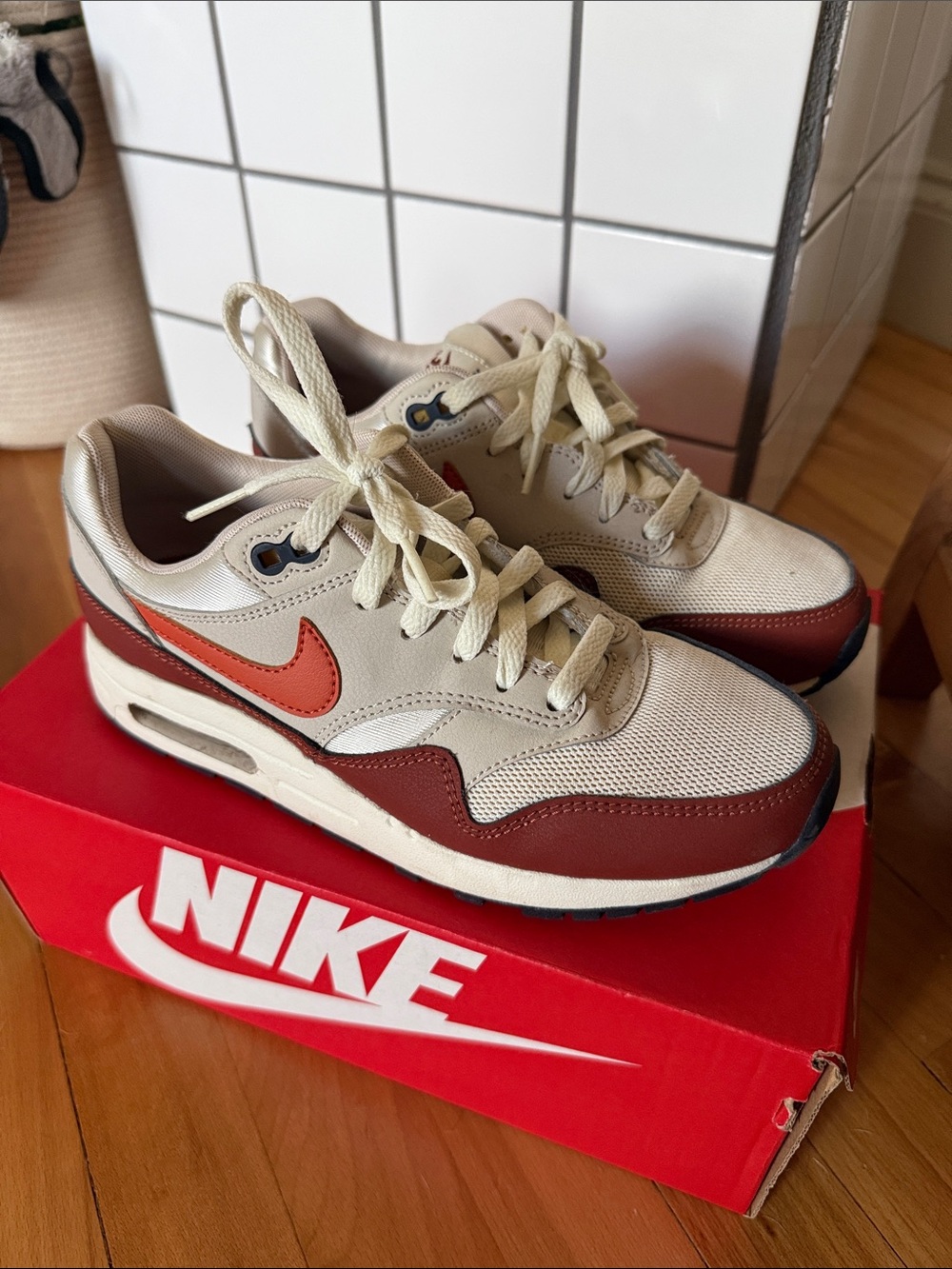 Nike Air Max Sneakers - Cream, Brown & Red Swoosh